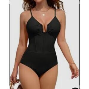 Blooming Jelly Black Corset-Style One-Piece Swimsuit U-Wire Detail NEW Size XL